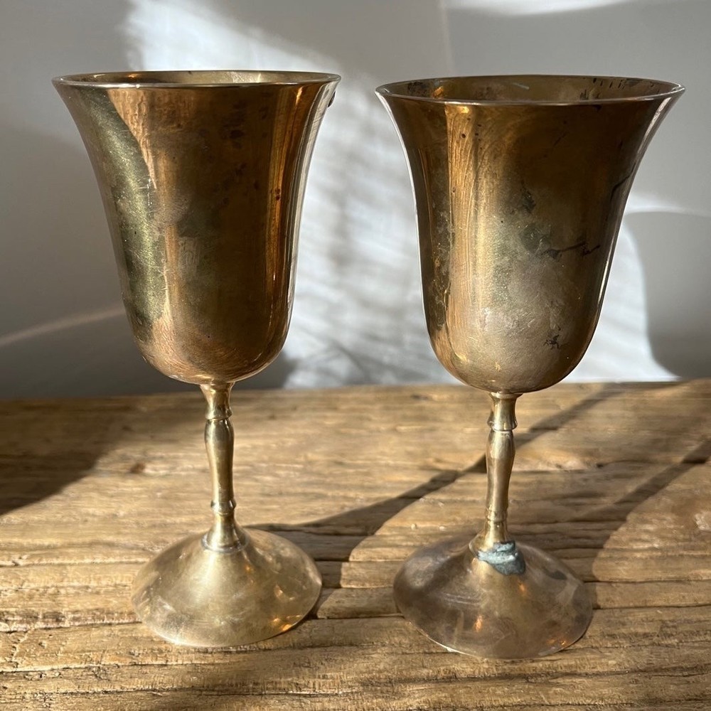 Vintage pair of metal goblets barware hollywood regency mcm Made in India